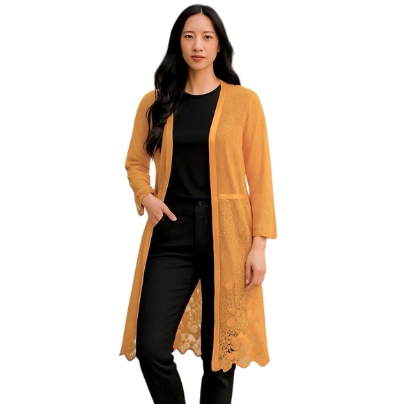 EMBER MESH LACE KIMONO MUSTARD YELLOW FLORAL EYELASH FRINGE DUSTER - Picture 1 of 12